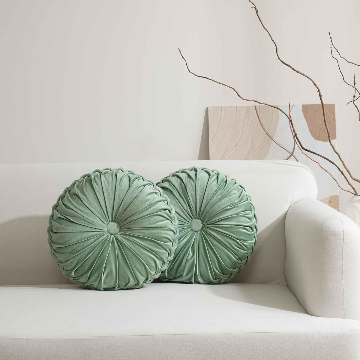 HIG Set of 2 Olive Velvet Decorative Round Pleated Throw Pillows