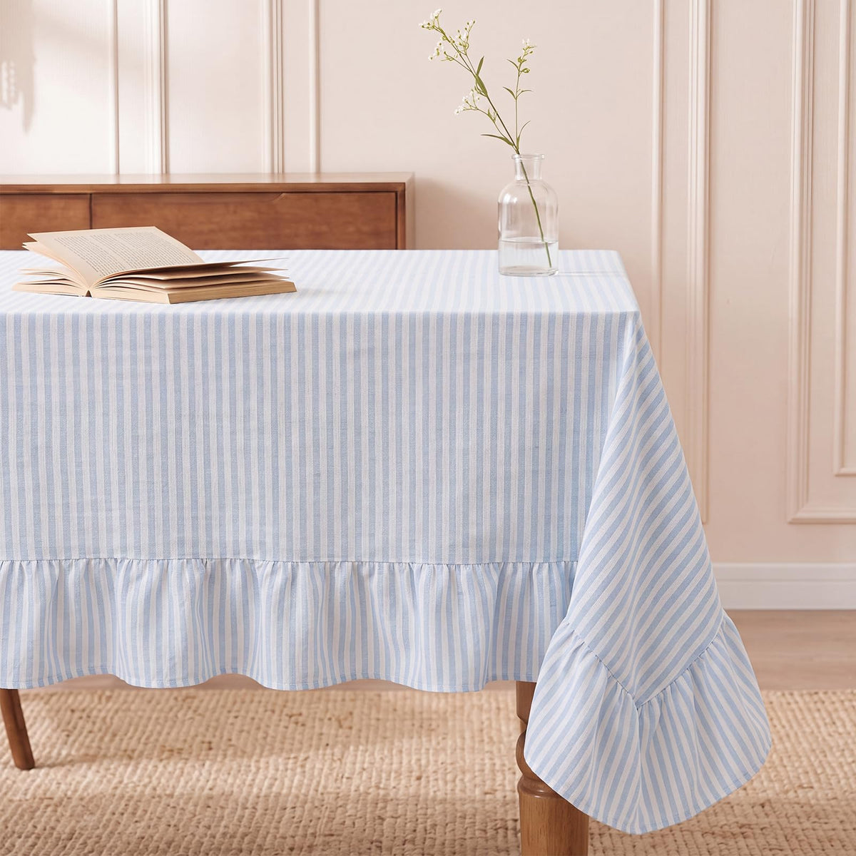 Boao Cotton Striped Tablecloth Rectangle 52" X 70" Beige White