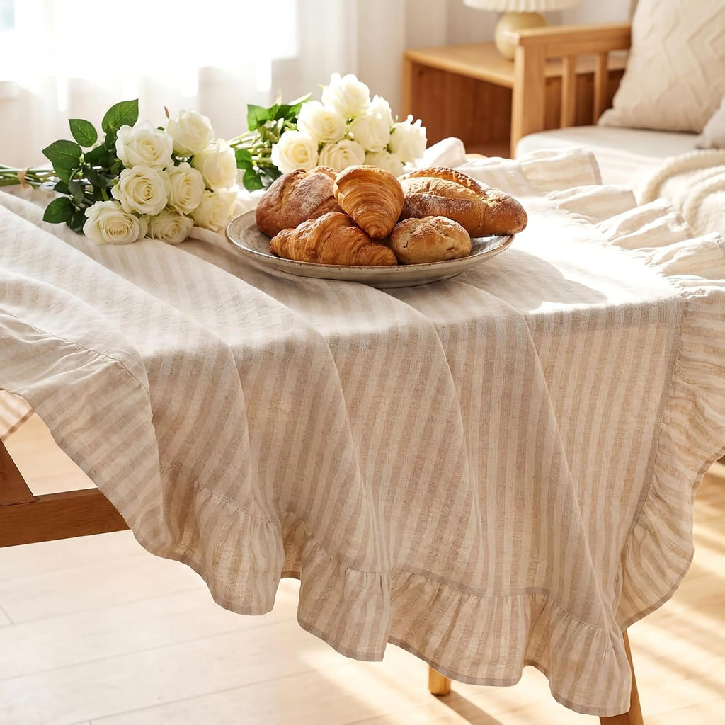 Boao Cotton Striped Tablecloth Rectangle 52" X 70" Beige White