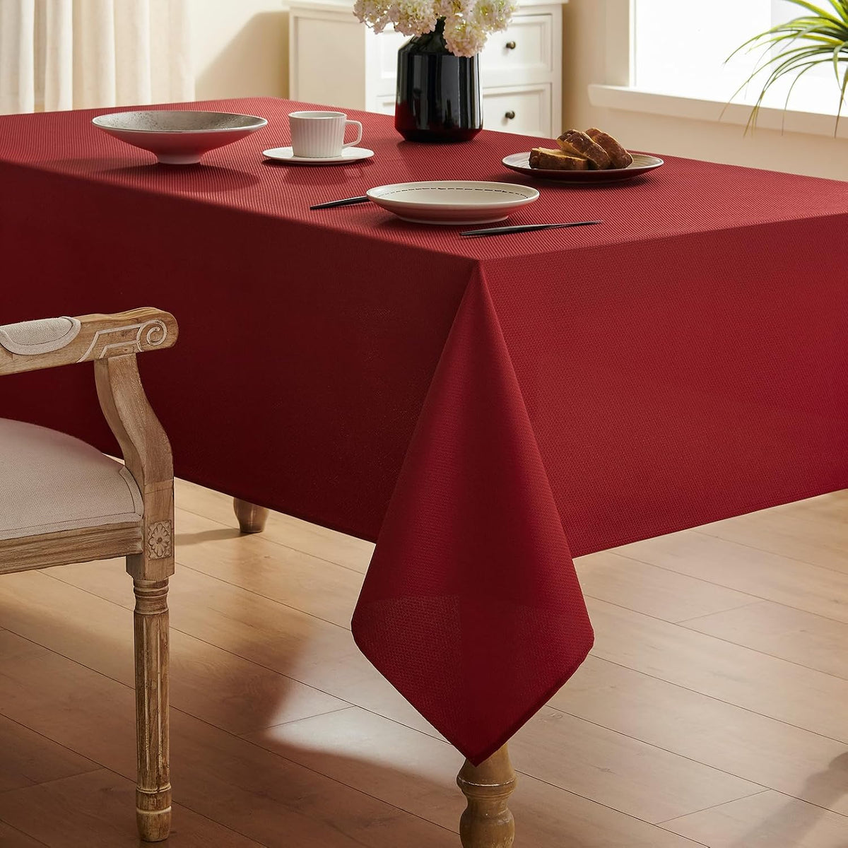Veblandy Textured Tablecloth Rectangle Waterproof Table Cloth, Washable Table Cover Wrinkle Free Fabric Tabletop Decoration for Kitchen, Dining, Wedding, Parties, 60 x 104 Inch, Red