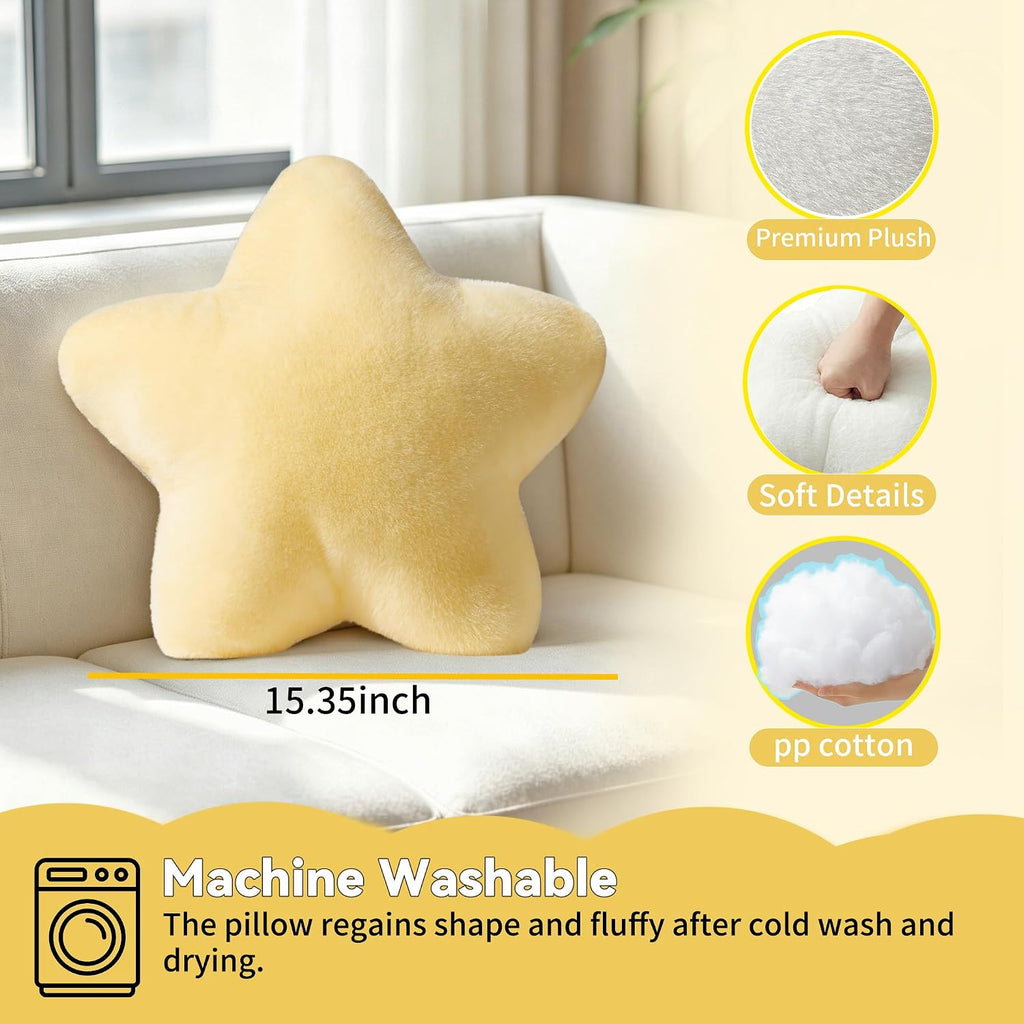 2PCS Star Pillow Set,15.35“ Cute Yellow Decorative Throw Pillows for Bed