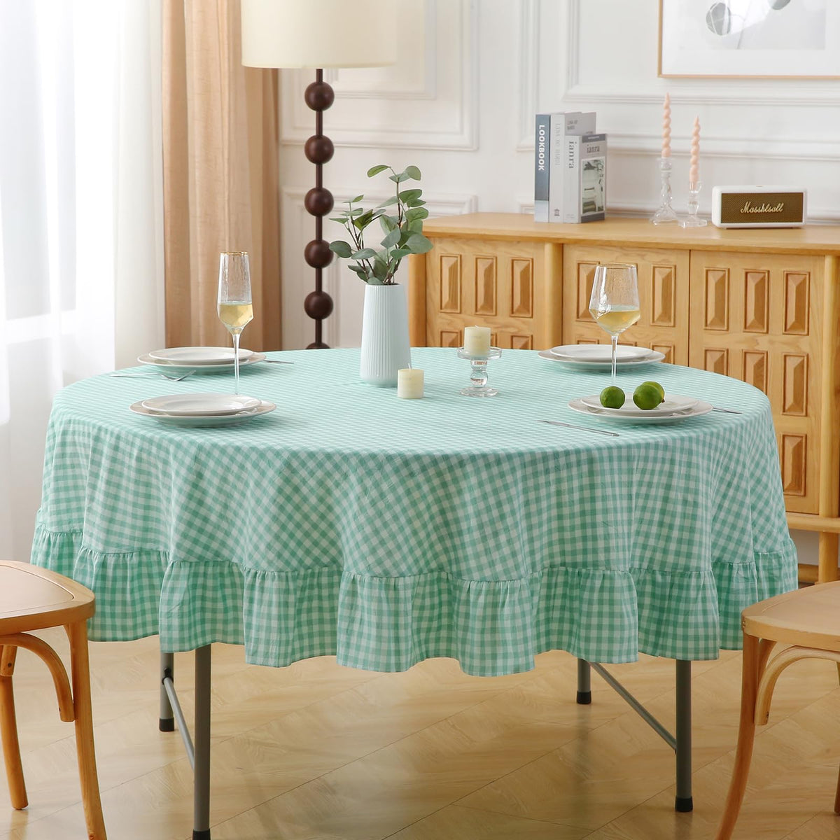 Blush White Gingham Ruffled Table Cloth Rectangular 120“x60”