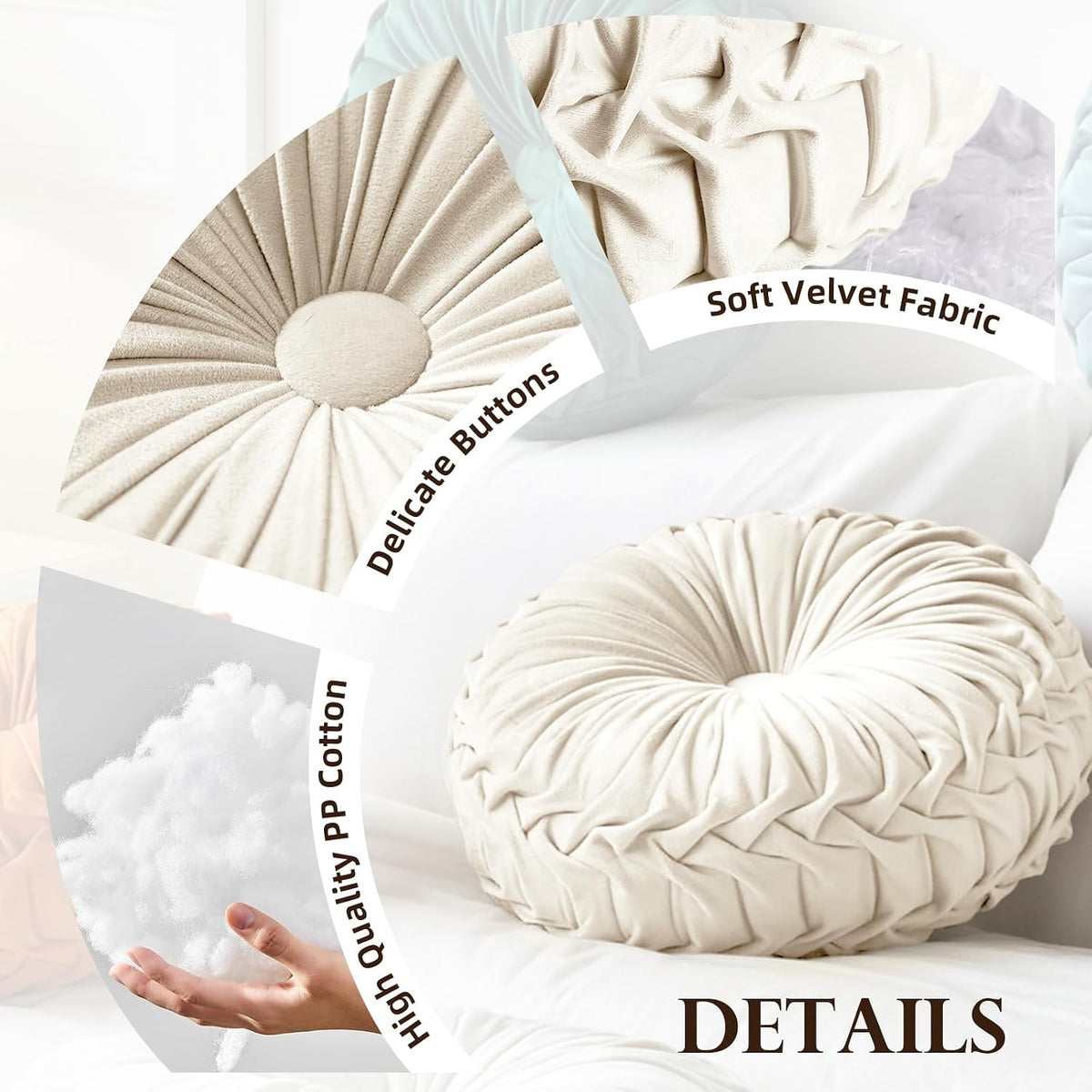 Teieas Round Throw Pillow Velvet Home Decoration Pleated Round Pillow Cushion for Couch Chair Bed Car Orange