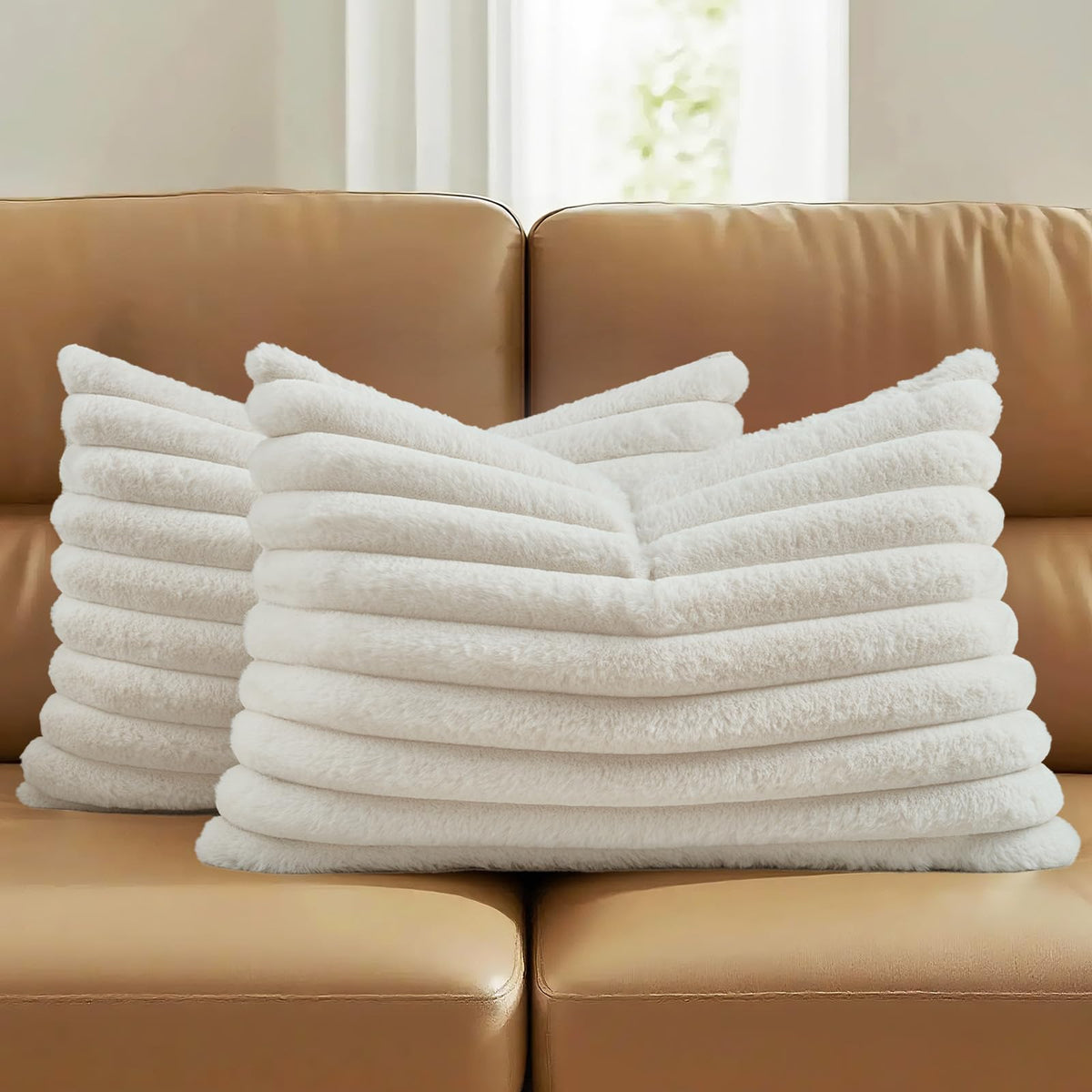 FUTEI Pack of 2 Faux Fur Throw Pillow Covers 18x18 Inch, Cream White