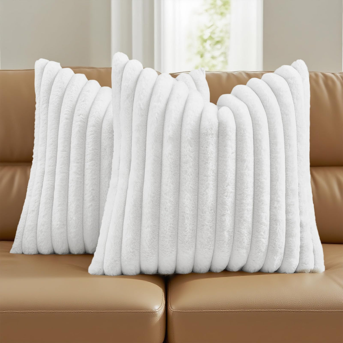 FUTEI Pack of 2 Faux Fur Throw Pillow Covers 18x18 Inch, Cream White