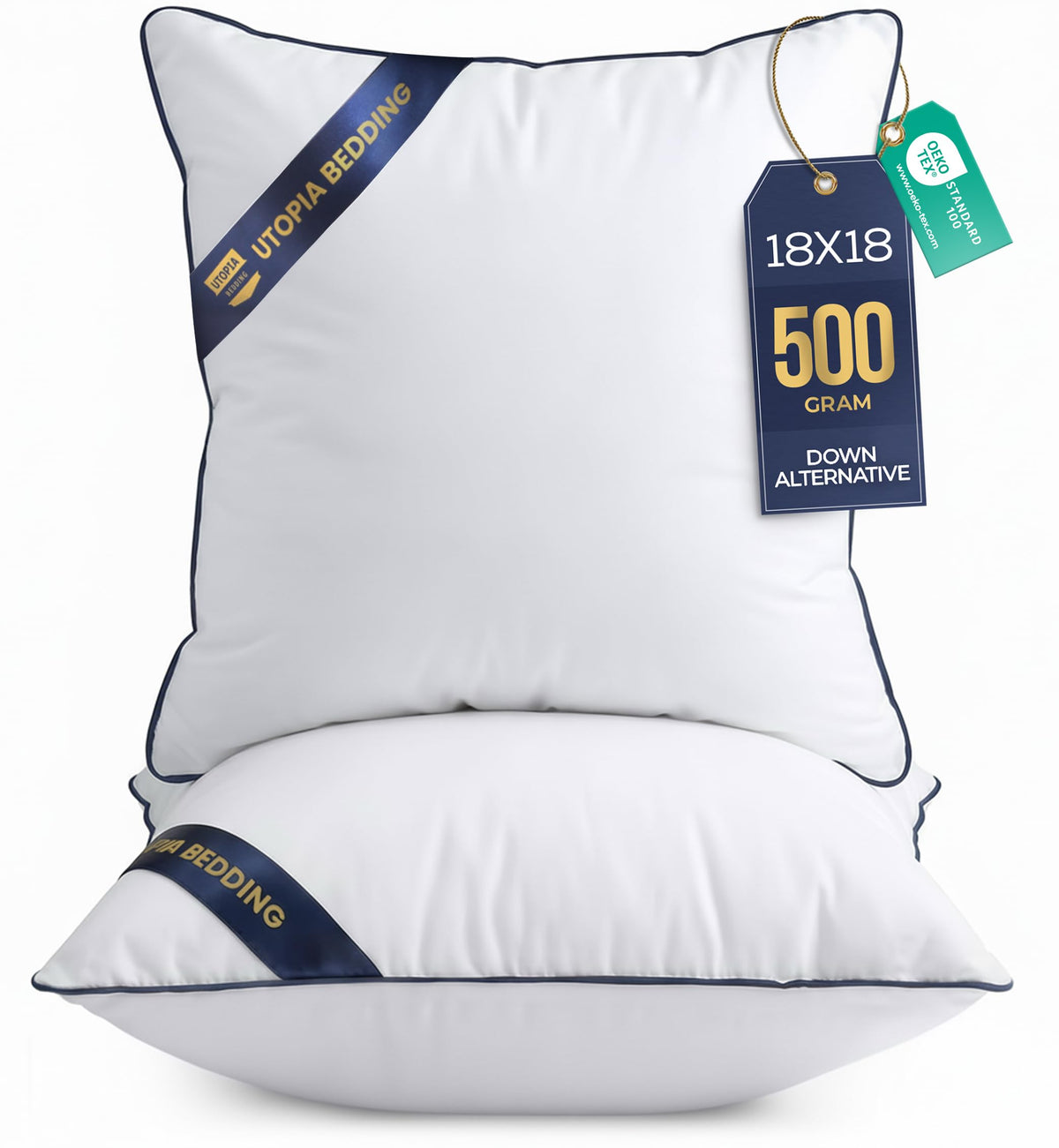 Premium Piping Throw Pillows 18x18, Decorative Pillow Inserts, 2-Pack