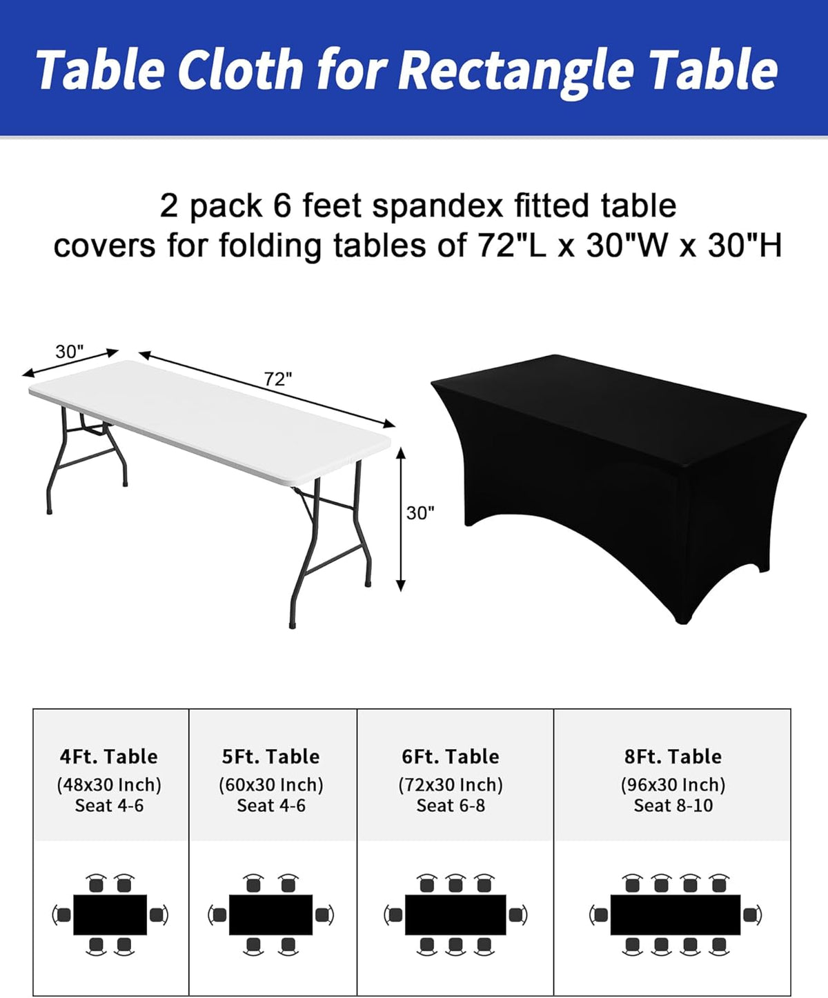 Fixwal 2 Pack 6FT Black Tablecloth Rectangle Spandex Fitted Table Cover
