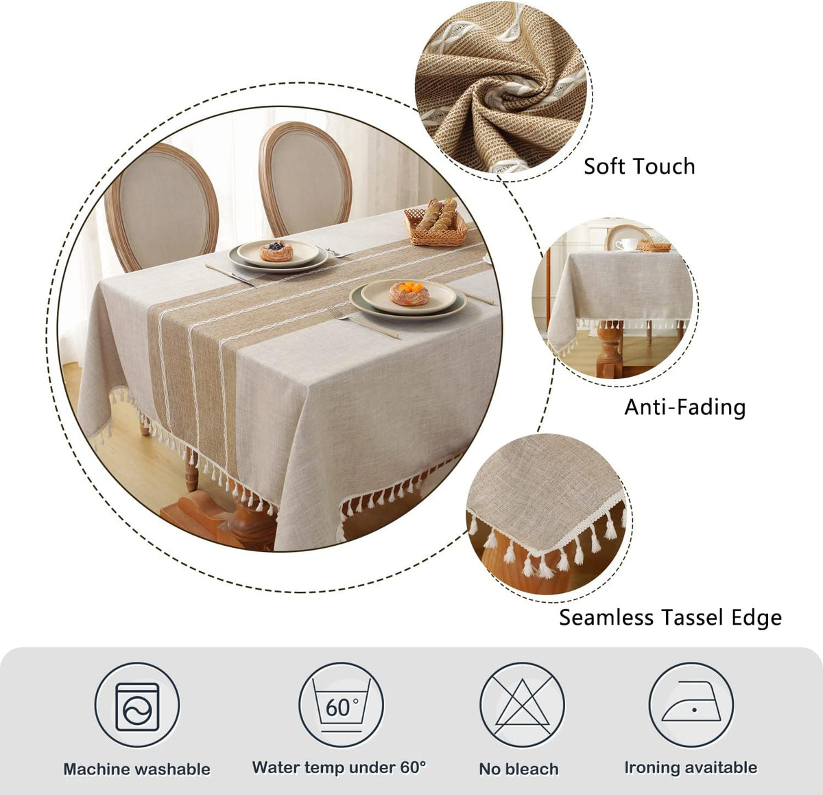 Laolitou Rustic Tablecloth Cotton Linen Waterproof Farmhouse Tablecloth Burlap Table Cloths for Kitchen Dining Cloth Table Cloth for Rectangle Tables Coffee Lines Rectangle,55''x70'',4-6 Seats