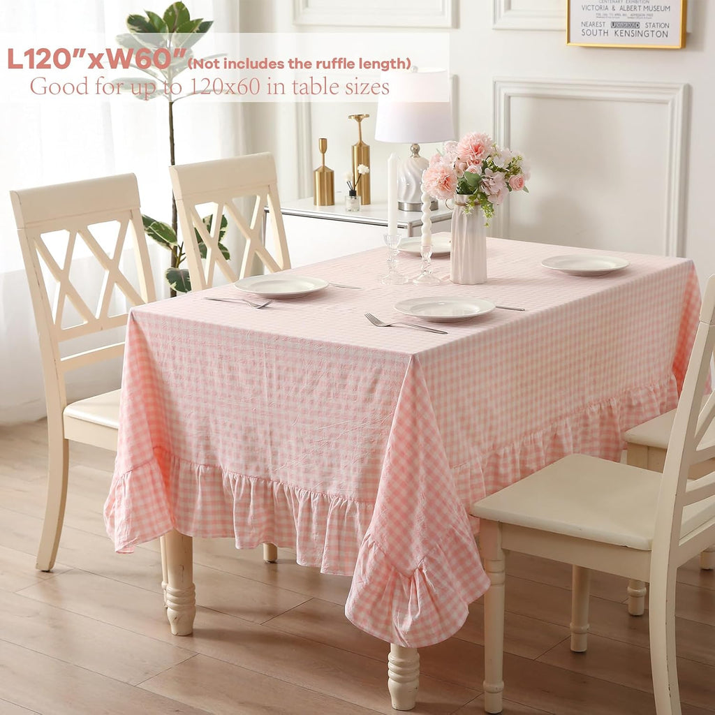 Blush White Gingham Ruffled Table Cloth Rectangular 120“x60”