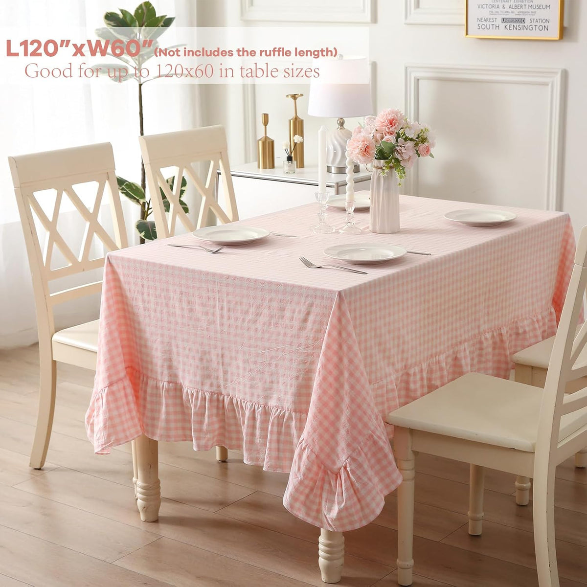 Blush White Gingham Ruffled Table Cloth Rectangular 120“x60”