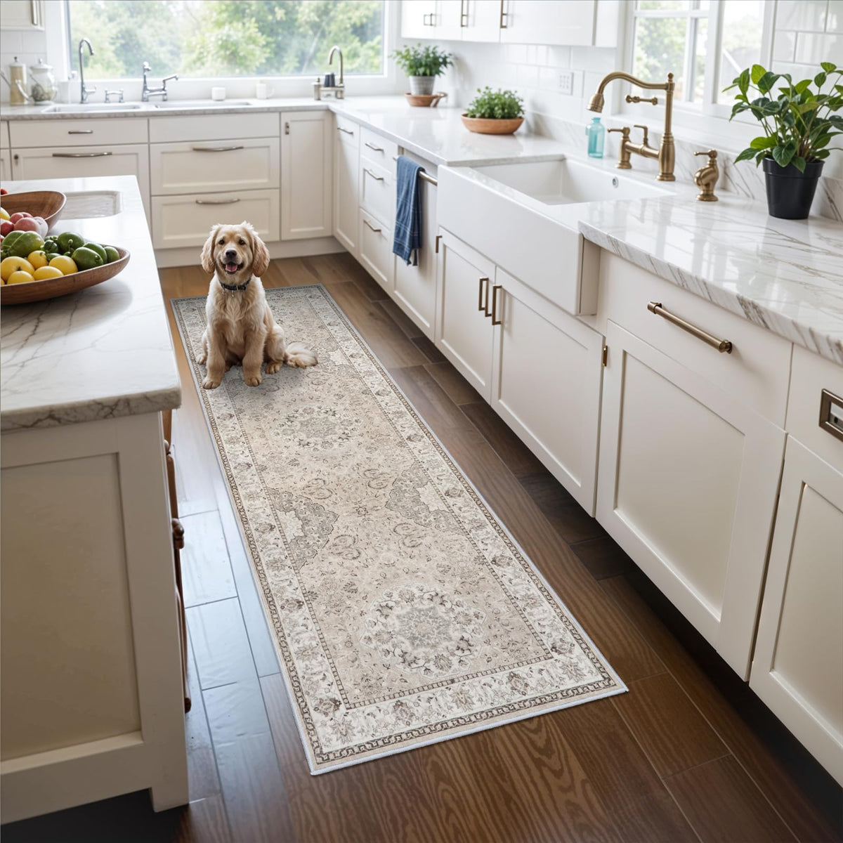 Hallway Washable Runner Rug - 2x10 Kitchen Rugs Entryway Rug Runner Vintage Soft Floor Mat Non Slip Indoor Farmhouse Carpet for Bathroom Living Room Bedroom (2 X 10, Beige)