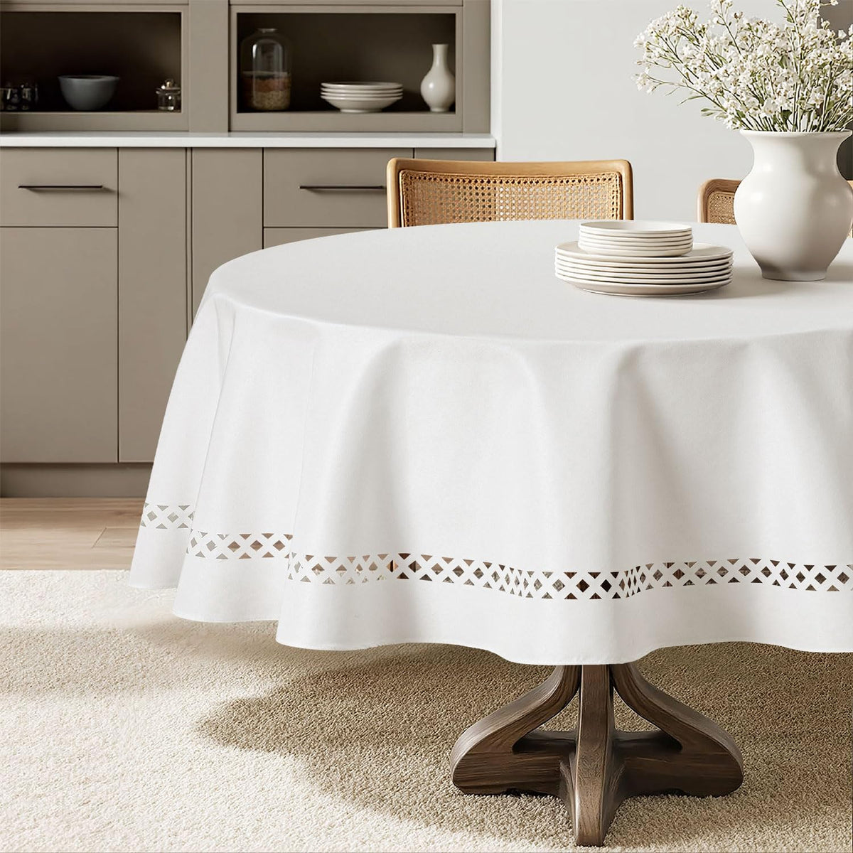 MIULEE Beige Rectangle Tablecloth with Decorative Cutouts 52x70 Inch