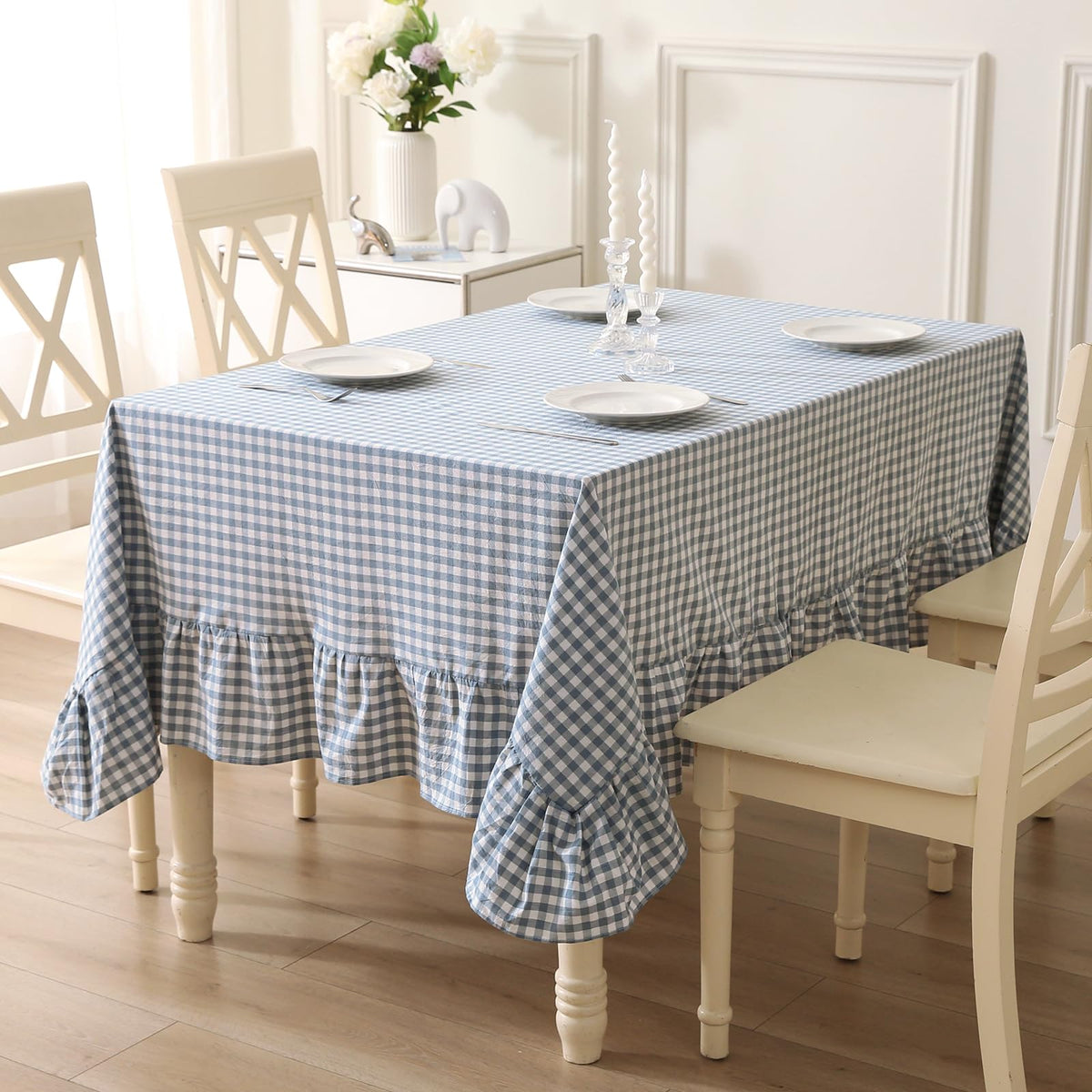 Blush White Gingham Ruffled Table Cloth Rectangular 120“x60”