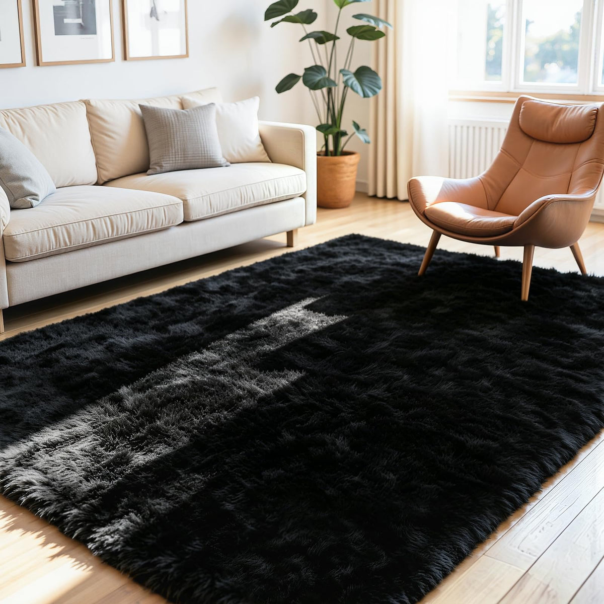 8x10 Fluffy Area Rug for Living Room: Soft Non-Slip Black Bedroom Carpet
