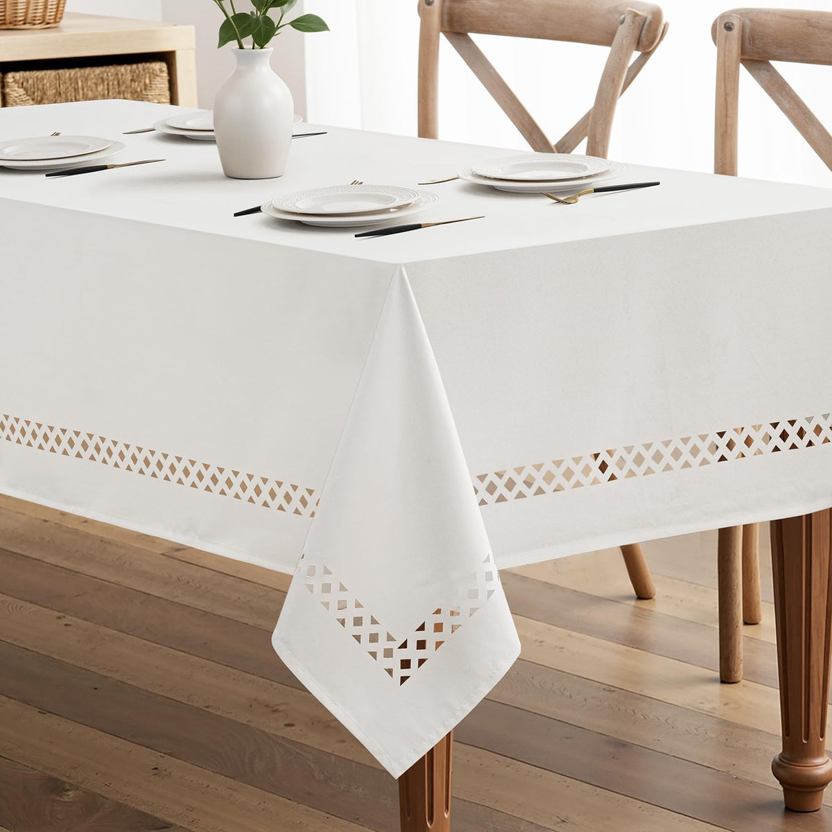 MIULEE Beige Rectangle Tablecloth with Decorative Cutouts 52x70 Inch
