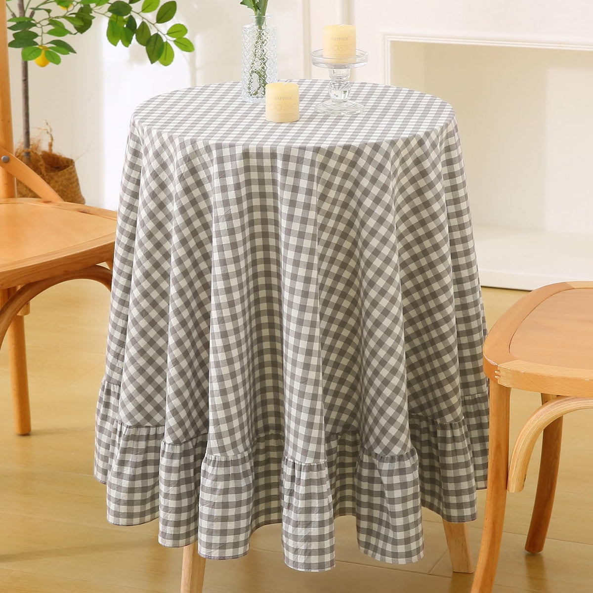 Blush White Gingham Ruffled Table Cloth Rectangular 120“x60”