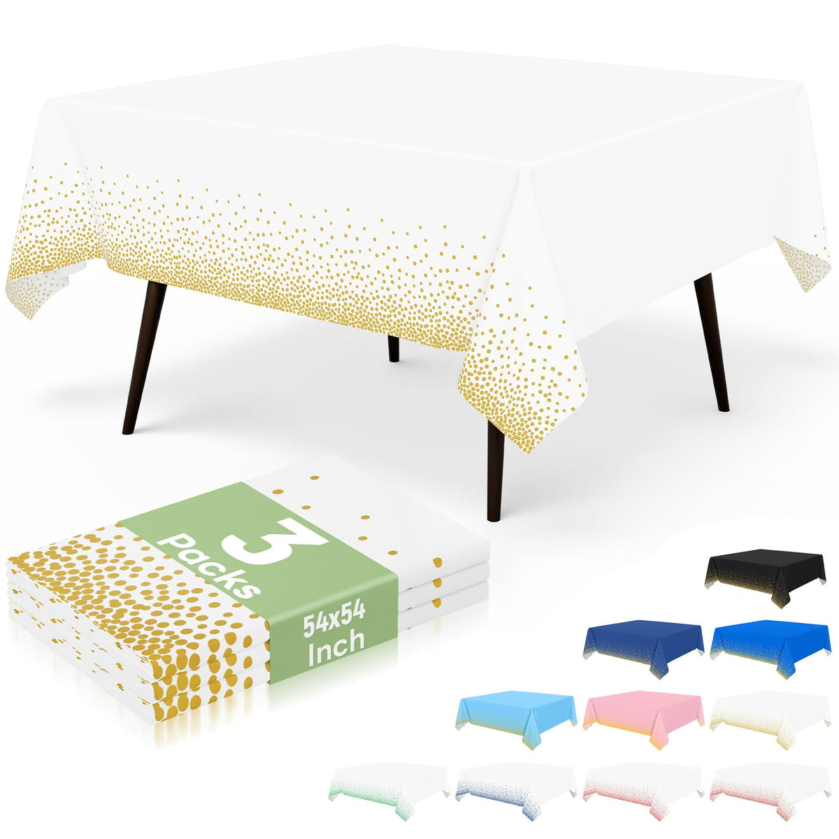 misaya 3 Packs Dot Disposable Table Cloth, 54 x 108 Inch Waterproof Plastic Tablecloth, Rectangle Gold Dots in White Table Covers for Picnic, Birthday, Party and Back to School