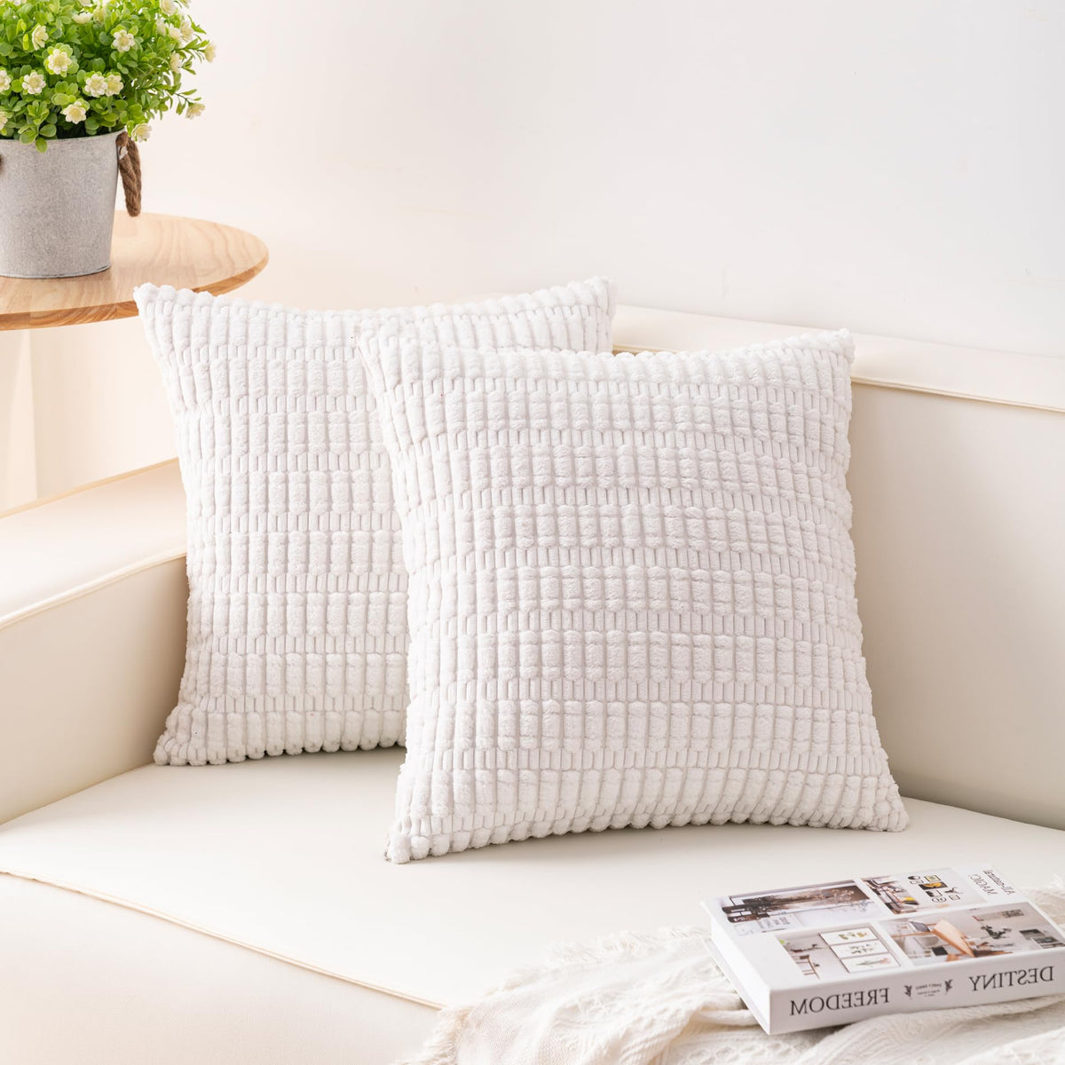 Pack of 2 Corduroy Decorative Throw Pillow Covers 18x18 Inch, Cream White
