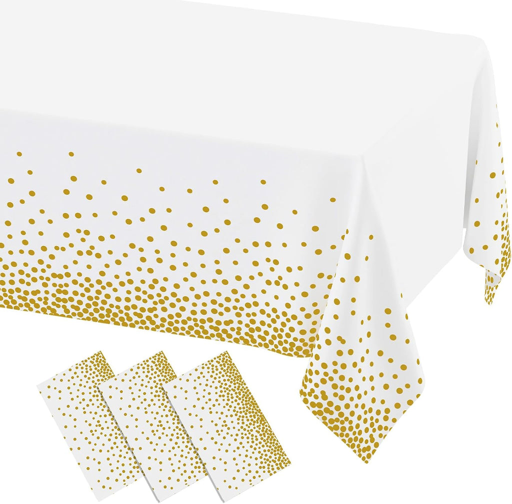 misaya 3 Packs Dot Disposable Table Cloth, 54 x 108 Inch Waterproof Plastic Tablecloth, Rectangle Gold Dots in White Table Covers for Picnic, Birthday, Party and Back to School