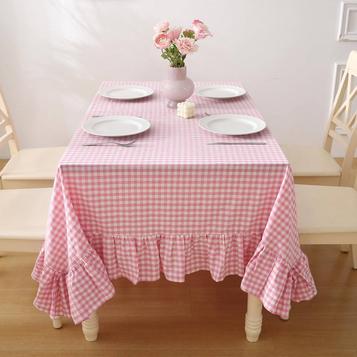 Blush White Gingham Ruffled Table Cloth Rectangular 120“x60”