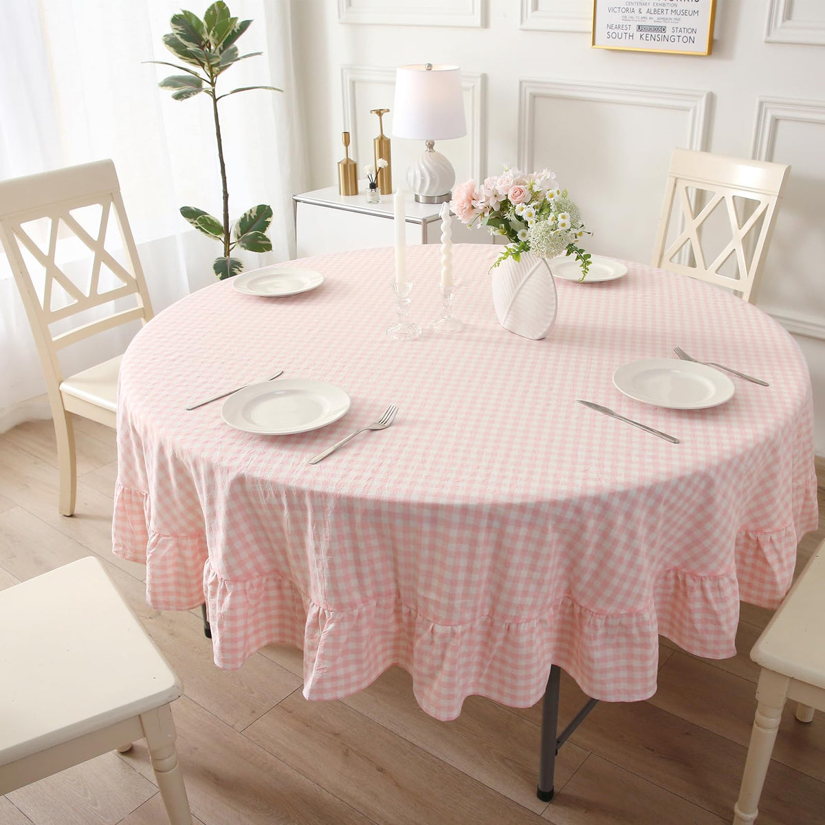 Blush White Gingham Ruffled Table Cloth Rectangular 120“x60”