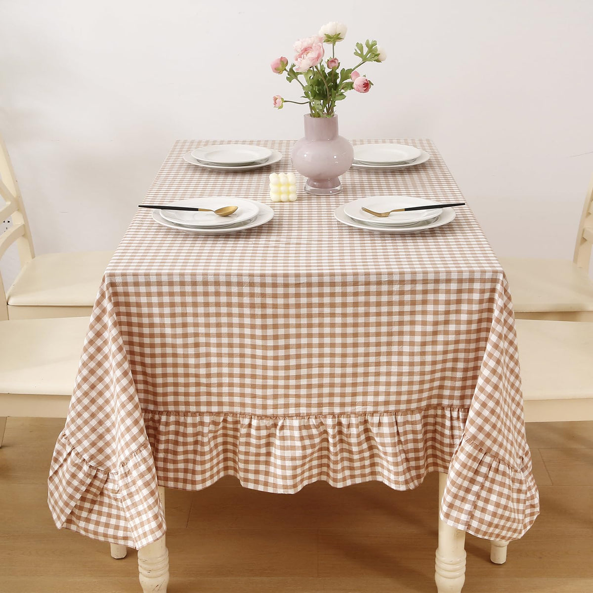 Blush White Gingham Ruffled Table Cloth Rectangular 120“x60”