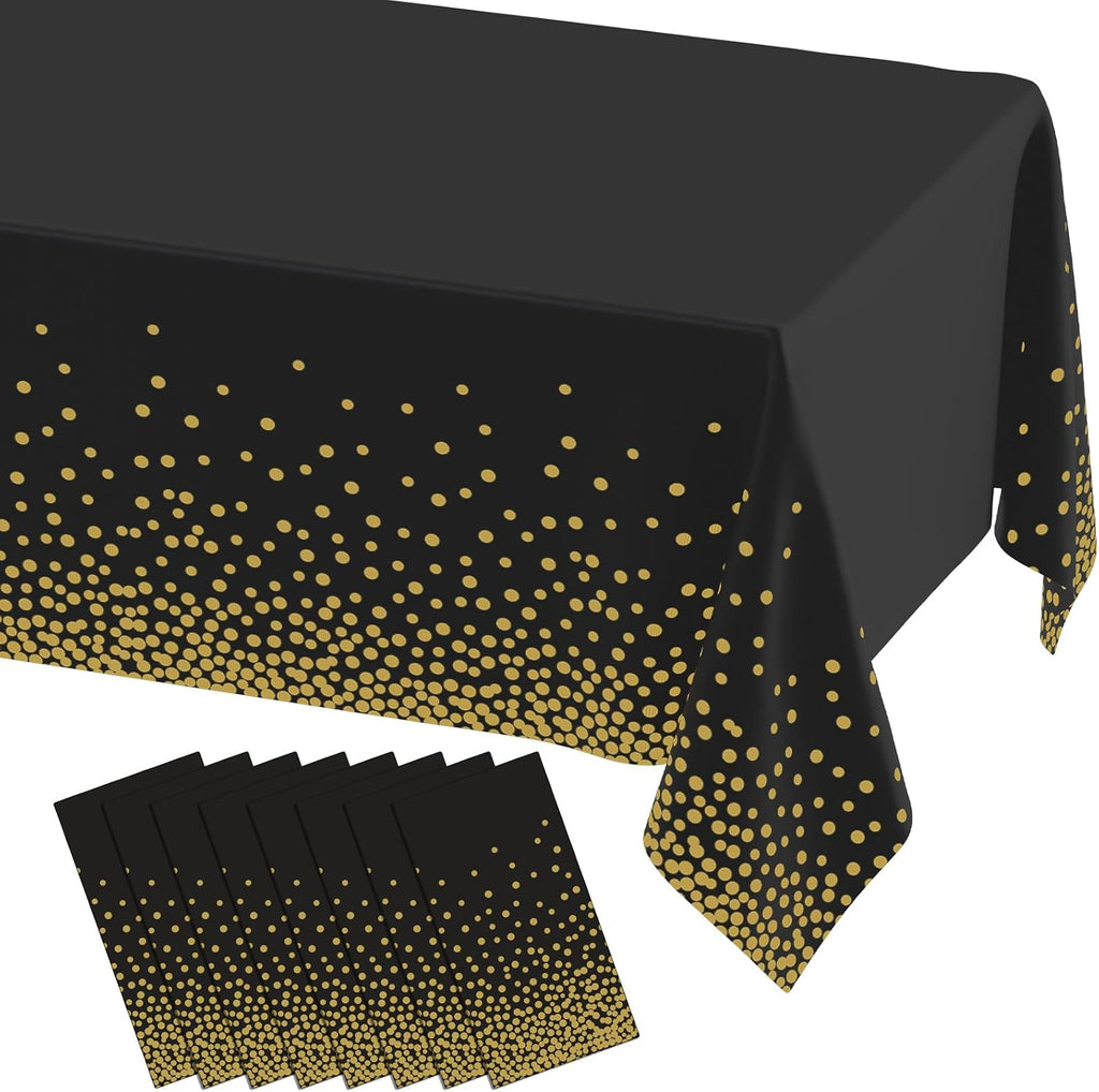 misaya 8 Packs Disposable Plastic Table Cloth, Gold Dots in Black