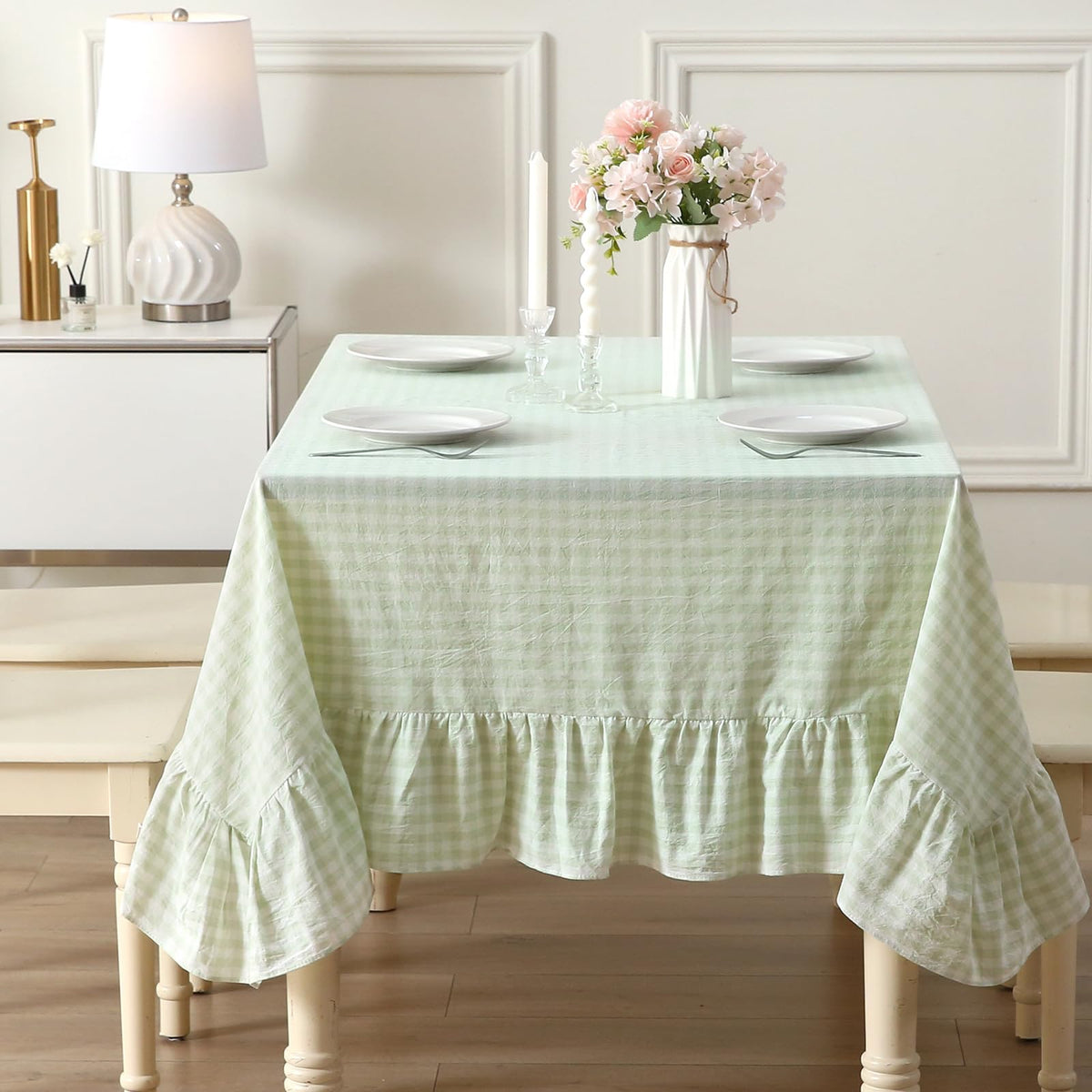 Blush White Gingham Ruffled Table Cloth Rectangular 120“x60”