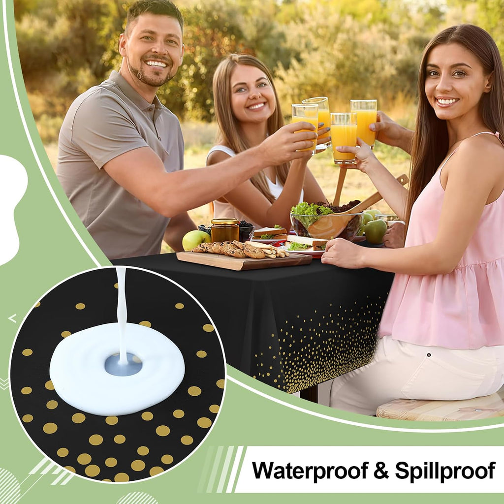 misaya 8 Packs Disposable Plastic Table Cloth, Gold Dots in Black