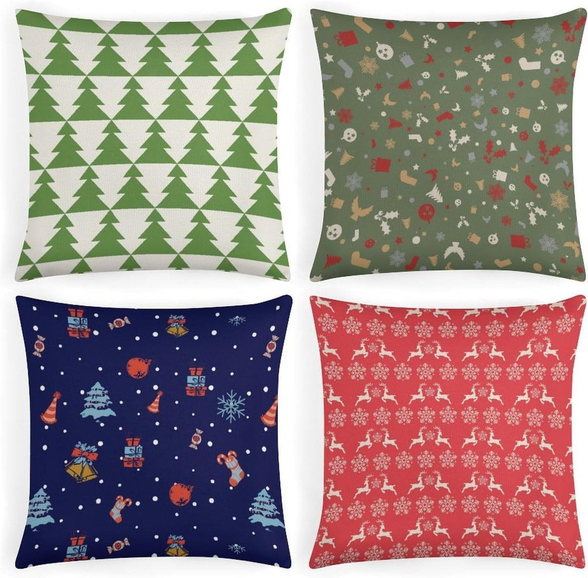 Throw Pillow Covers Soft Breathable Cotton Linen 18"×18" Square Cushion Cases Christmas Print 4 Pack Home Decor for Living Room Sofa, No Pillow Insert Included