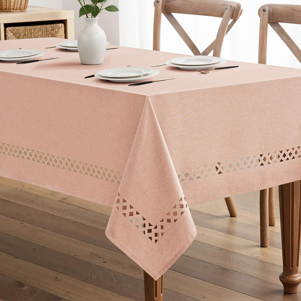 MIULEE Beige Rectangle Tablecloth with Decorative Cutouts 52x70 Inch