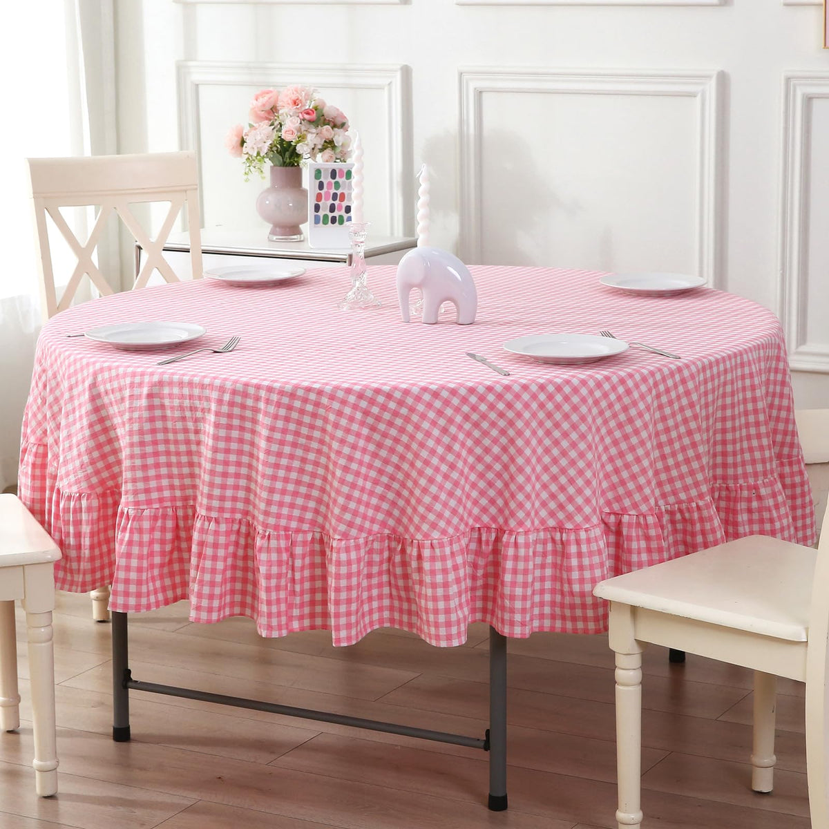 Blush White Gingham Ruffled Table Cloth Rectangular 120“x60”