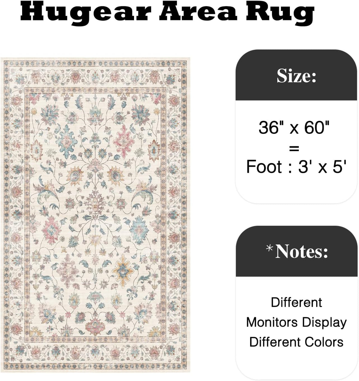 HUGEAR 3x5 Colorful Retro Floral Washable Area Rug for Entryway