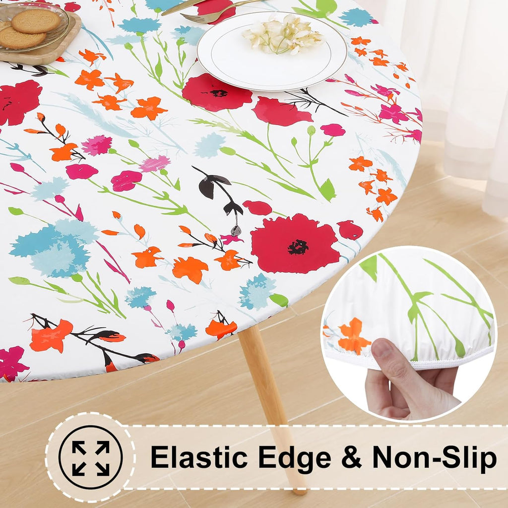 misaya Round Fitted Tablecloth with Elastic Edge, 100% Waterproof Oil Proof Plastic Table Cover, Vinyl Flannel Backed Tablecloth Fits 36"-44" Round Tables for Dinner, Outdoor, Picnic, Flowers