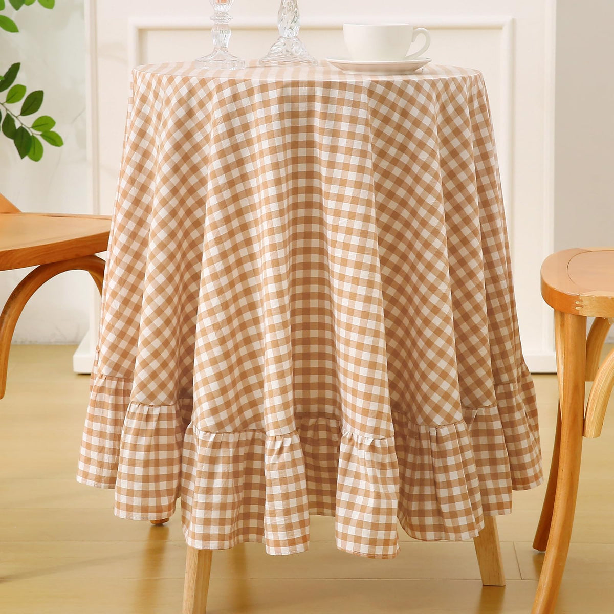 Blush White Gingham Ruffled Table Cloth Rectangular 120“x60”