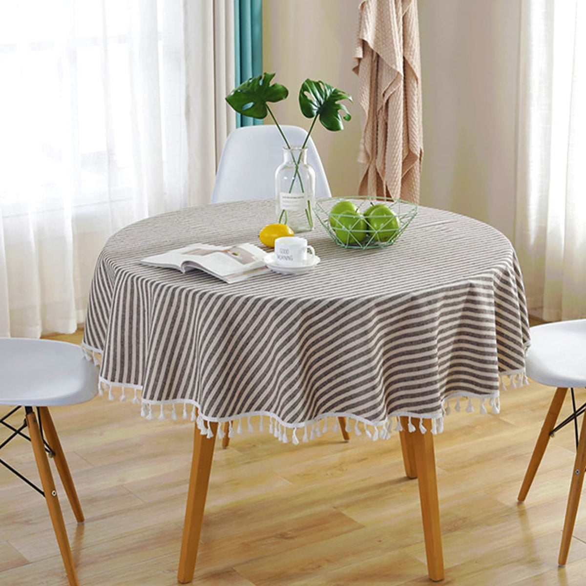 meioro Table Cloth Blue White Striped Tablecloth with Tassels Cotton Linen Dust-Proof Table Cover for Dining Buffet Kitchen Picnic Tables, Parties Holiday Indoor Outdoor Tablecloths (39x55 Inch)