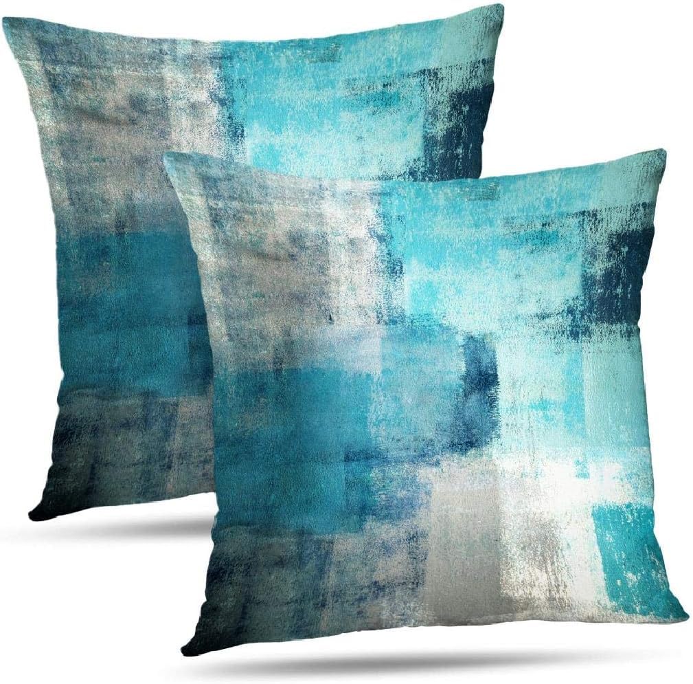 Blue and Grey Abstract Art Artwork Pillow Cover, Gallery Modern Decorative Throw Pillows Cushion Cover for Bedroom Sofa Living Room 18 x 18 Inch Set of 2