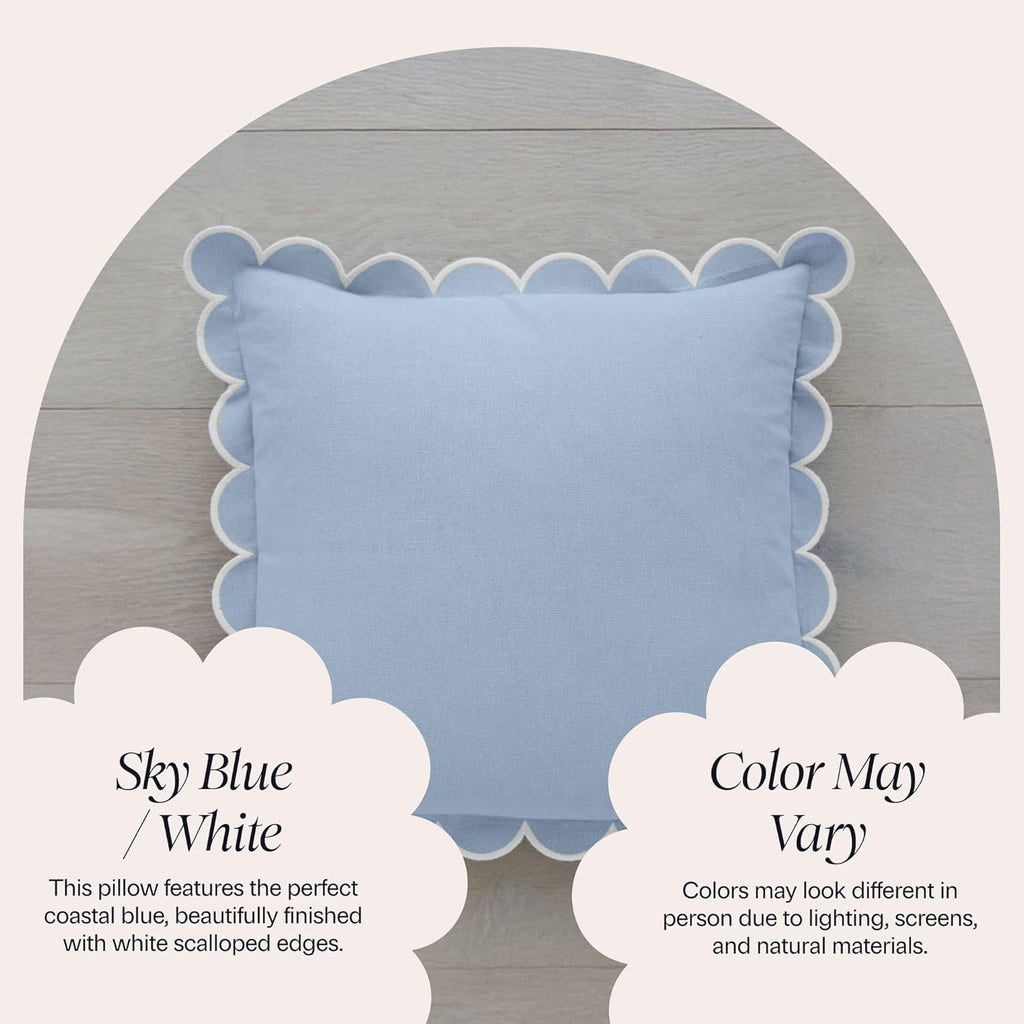 BEBE BASK Scalloped Pillow Cover Set of 2, 18x18, Cotton - Sky Blue/White