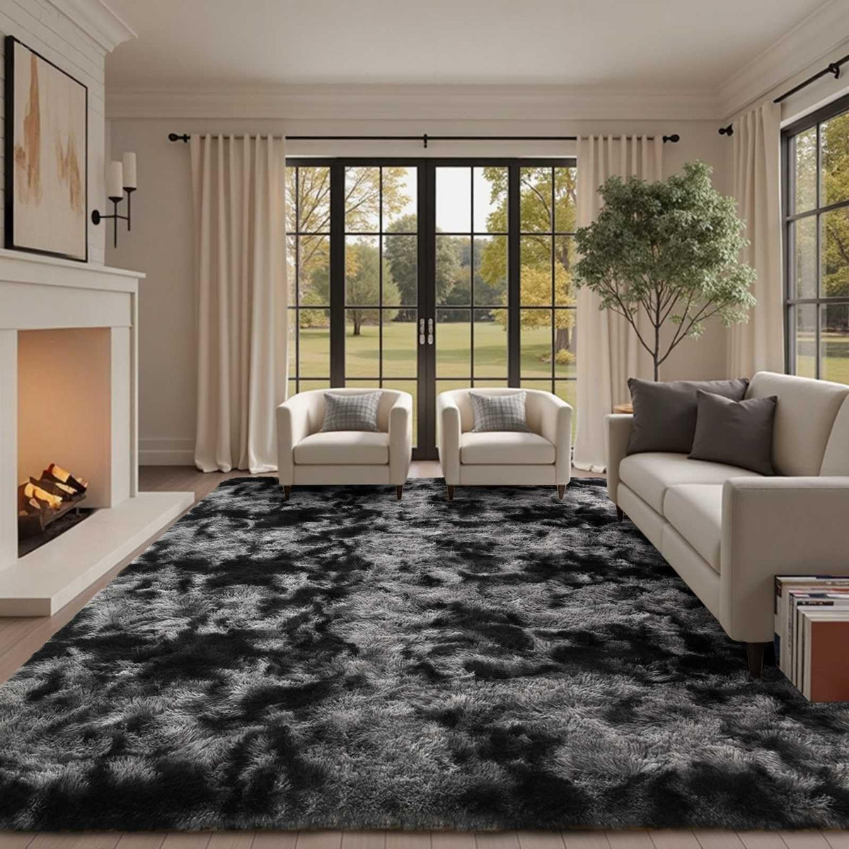 6x9 Ft Large Shag Rugs for Living Room Decor, Tie-Dyed Ultra Soft Fluffy Furry Area Rugs for Bedroom Indoor Floor, Aesthetic Carpet for Kids Home (Dark Grey)