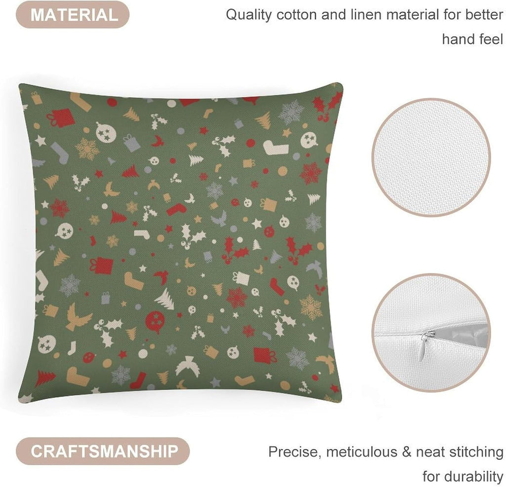 Throw Pillow Covers Soft Breathable Cotton Linen 18"×18" Square Cushion Cases Christmas Print 4 Pack Home Decor for Living Room Sofa, No Pillow Insert Included