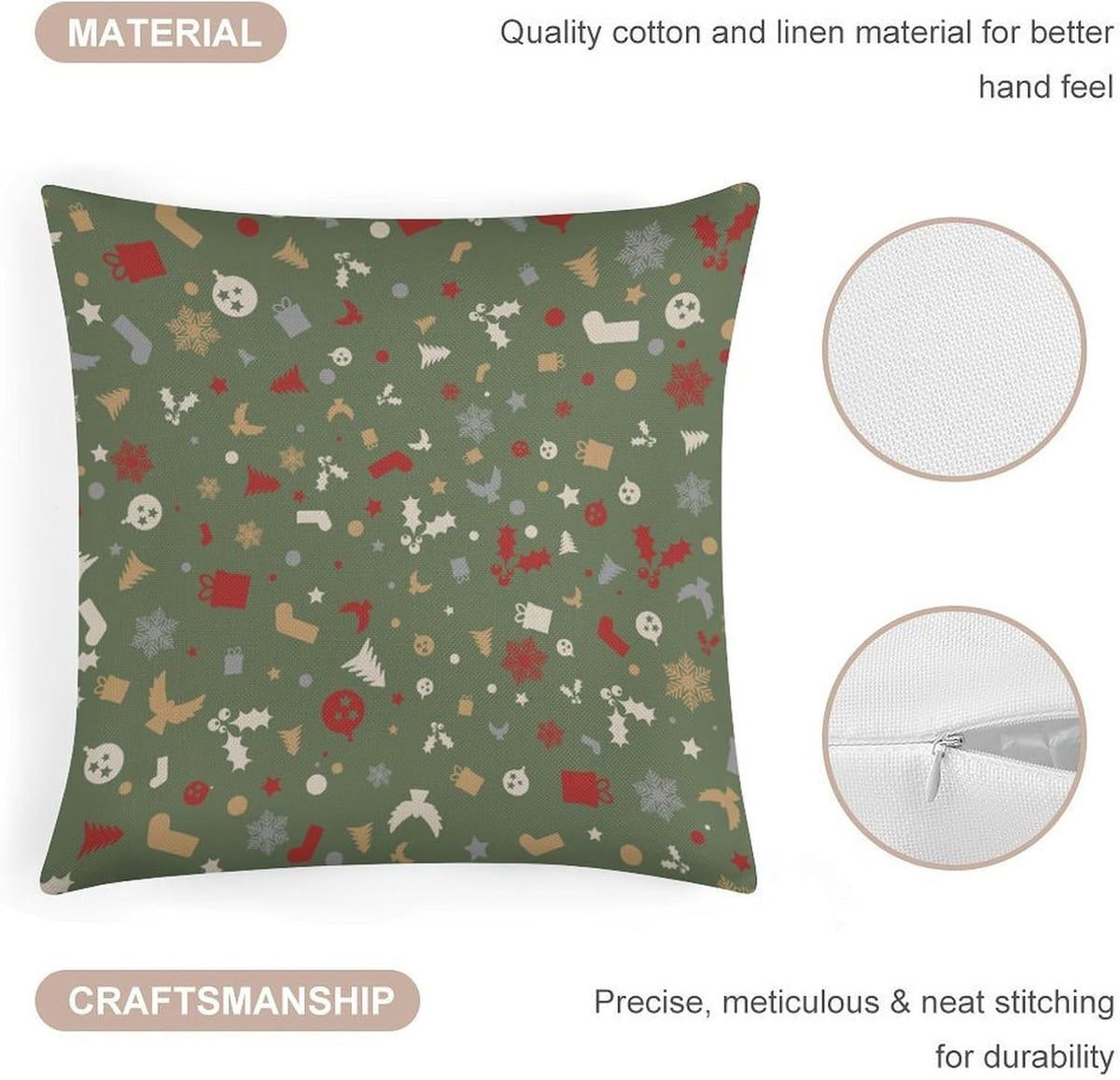 Throw Pillow Covers Soft Breathable Cotton Linen 18"×18" Square Cushion Cases Christmas Print 4 Pack Home Decor for Living Room Sofa, No Pillow Insert Included
