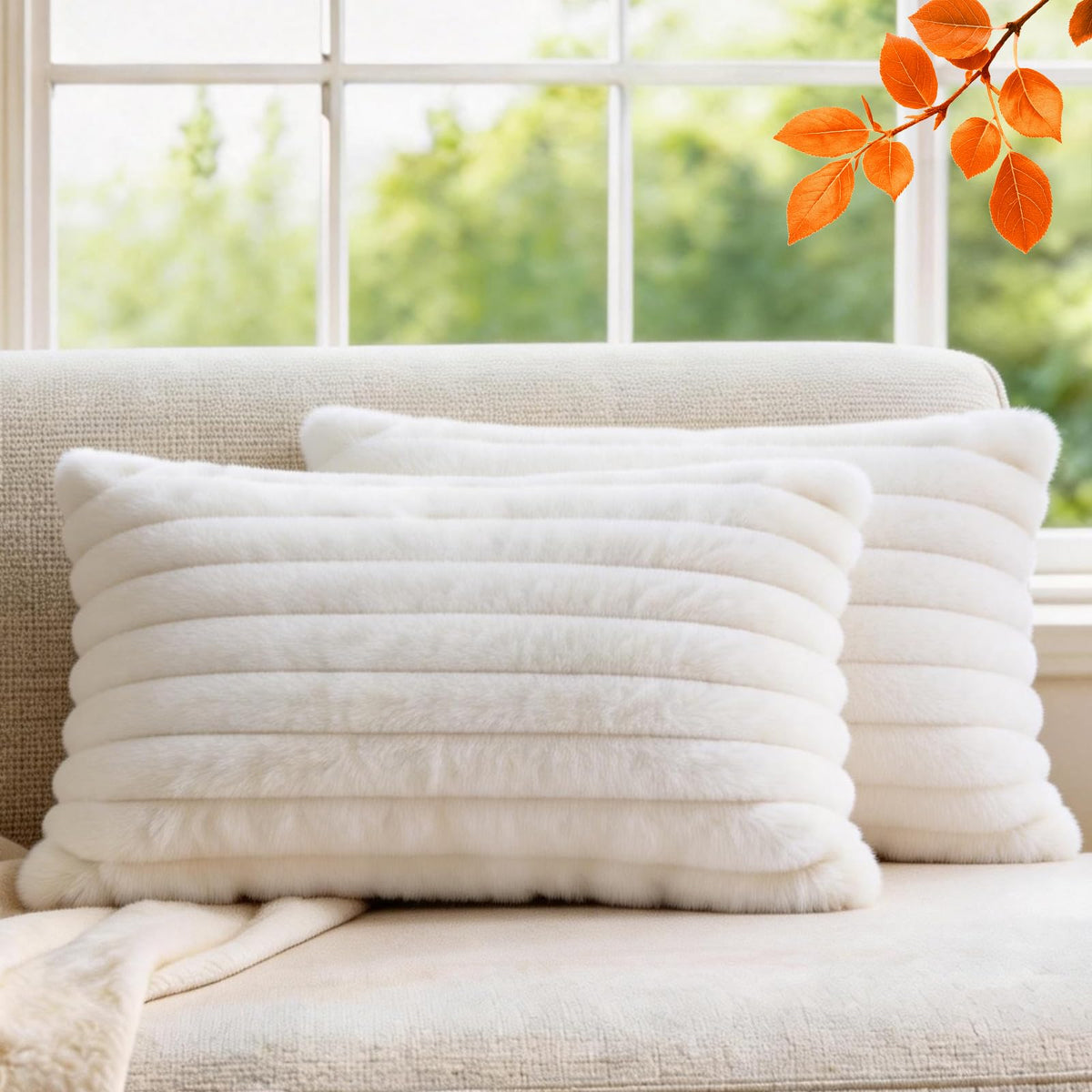 Set of 2 Decorative Throw Pillow Covers 18x18, Faux Fur Cream White