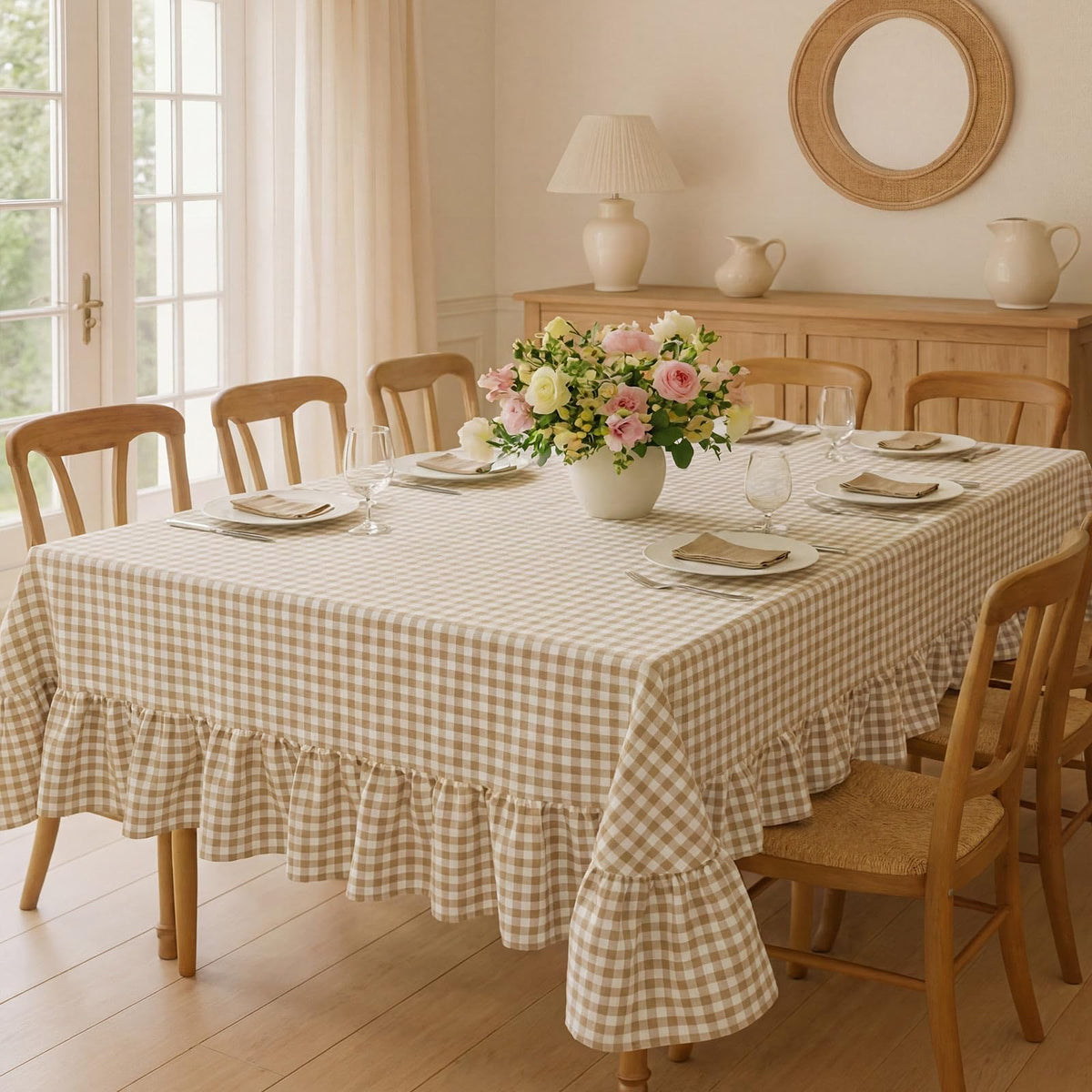 Mindsoft Brown Ruffled Gingham Tablecloth, 52 x 70 Inches, Rectangle