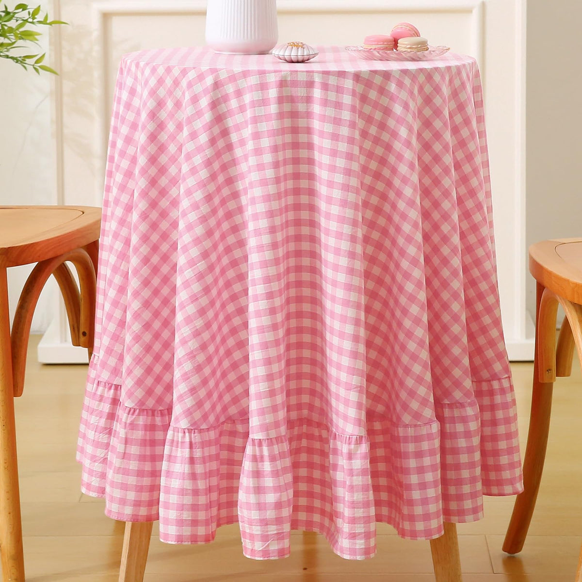 Blush White Gingham Ruffled Table Cloth Rectangular 120“x60”