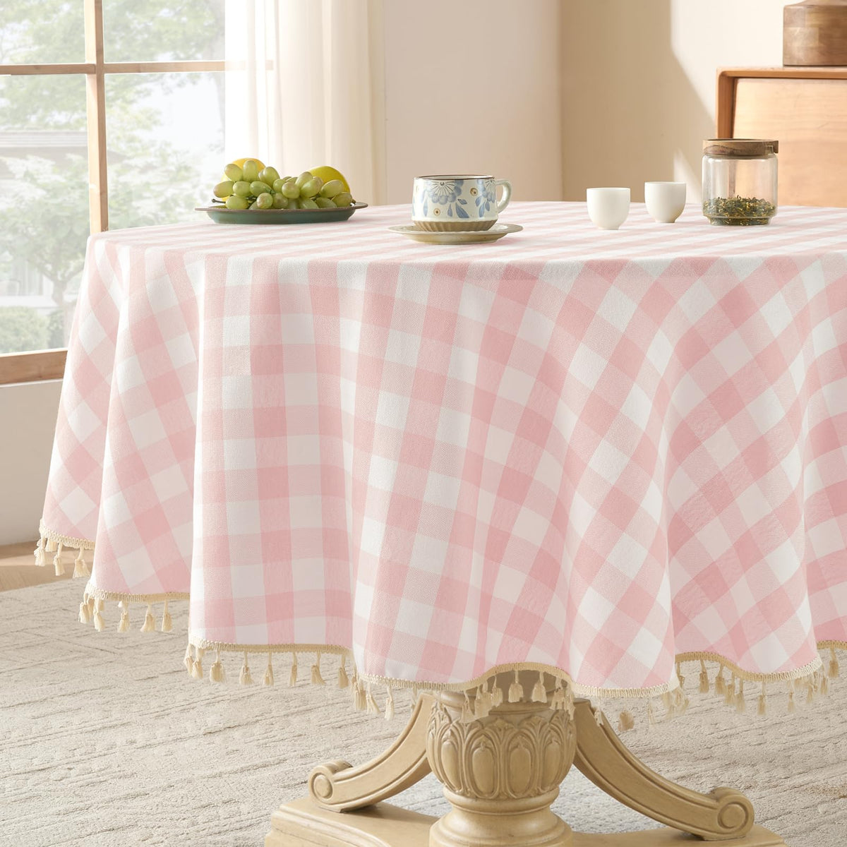Softalker Gingham Rectangle Tablecloth with Tassel, Sage Green, 55" x 84"