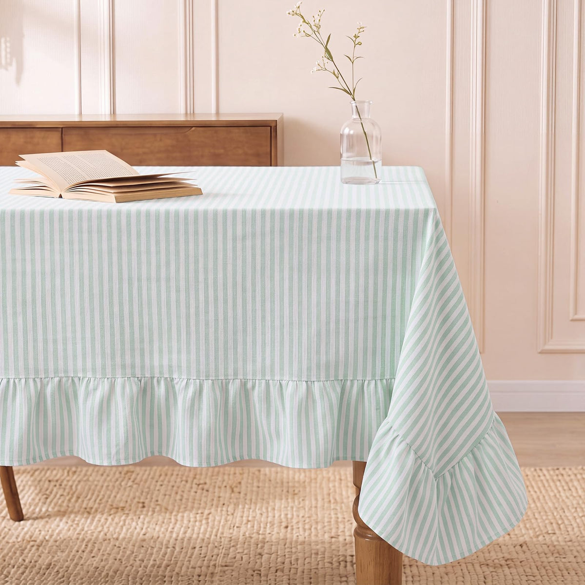 Boao Cotton Striped Tablecloth Rectangle 52" X 70" Beige White