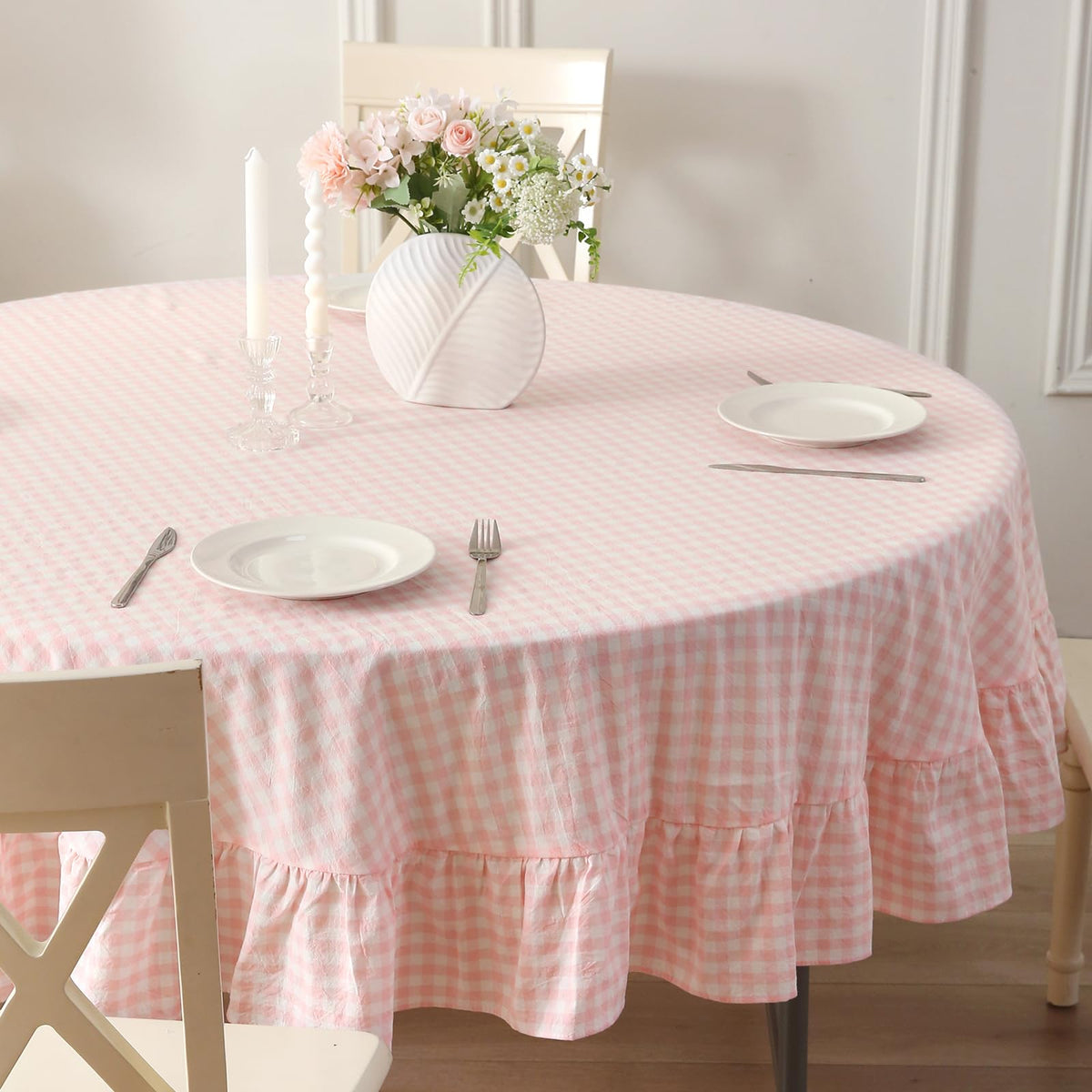 Blush White Gingham Ruffled Table Cloth Rectangular 120“x60”