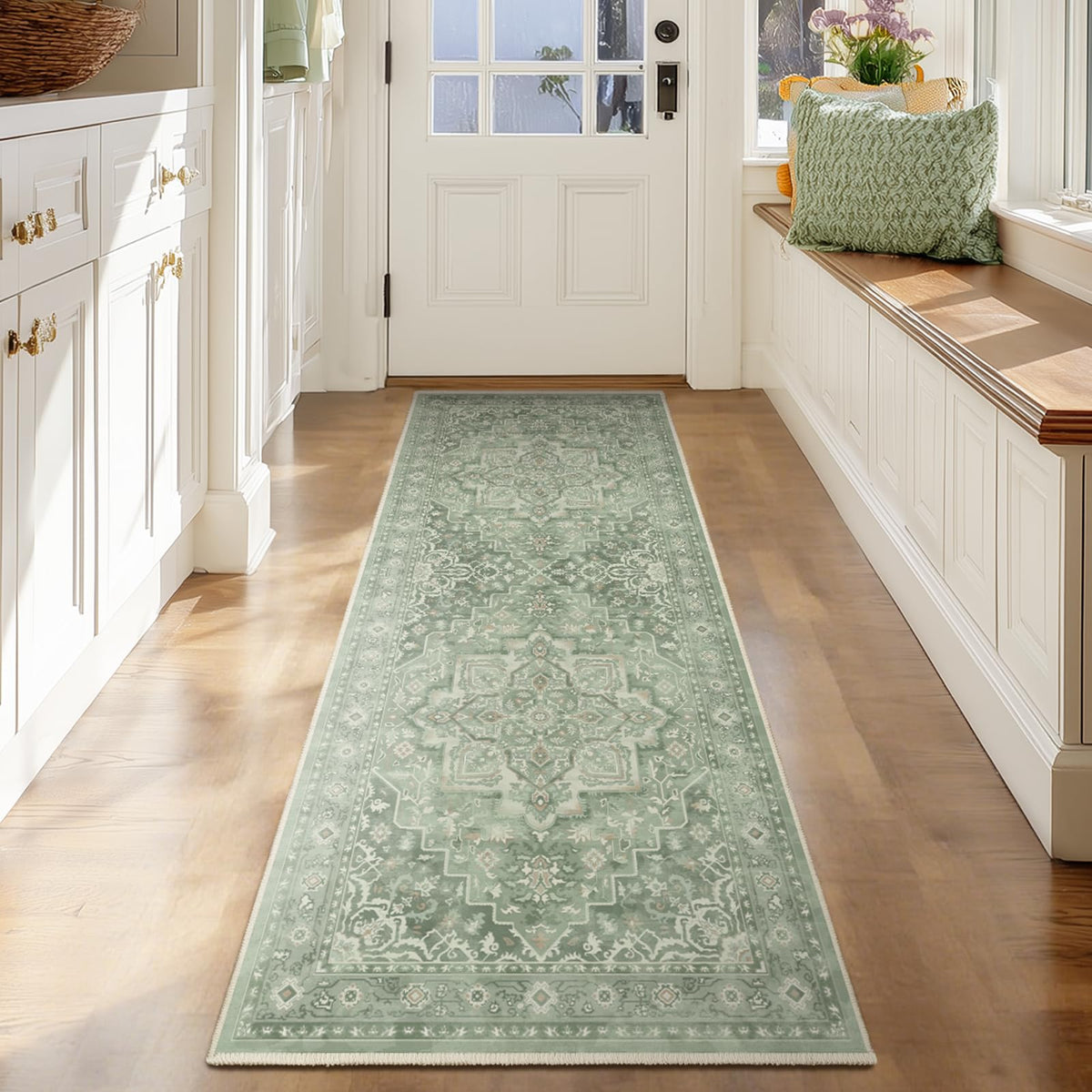 Vintage Dark Green Area Rugs 5x7 for Living Room, Tranditional Distressed Medallion Printed Low Pile Thin Rugs for Bedroom, Non Slip Washable Carpet Rugs for Dining Room/Kitchen/Home Office