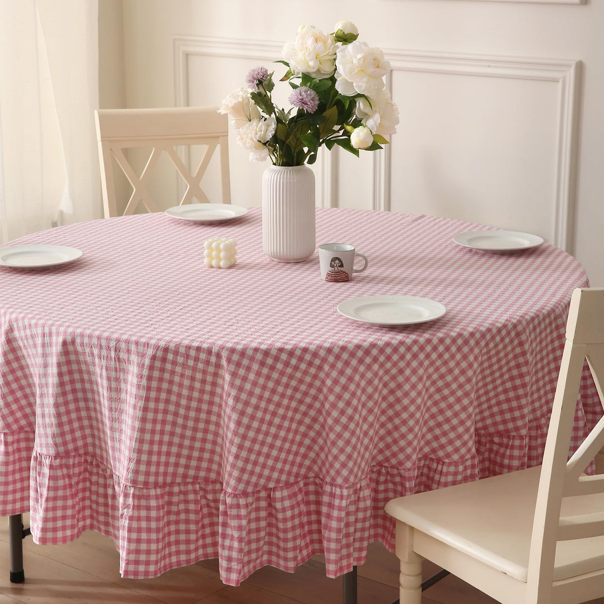 Blush White Gingham Ruffled Table Cloth Rectangular 120“x60”