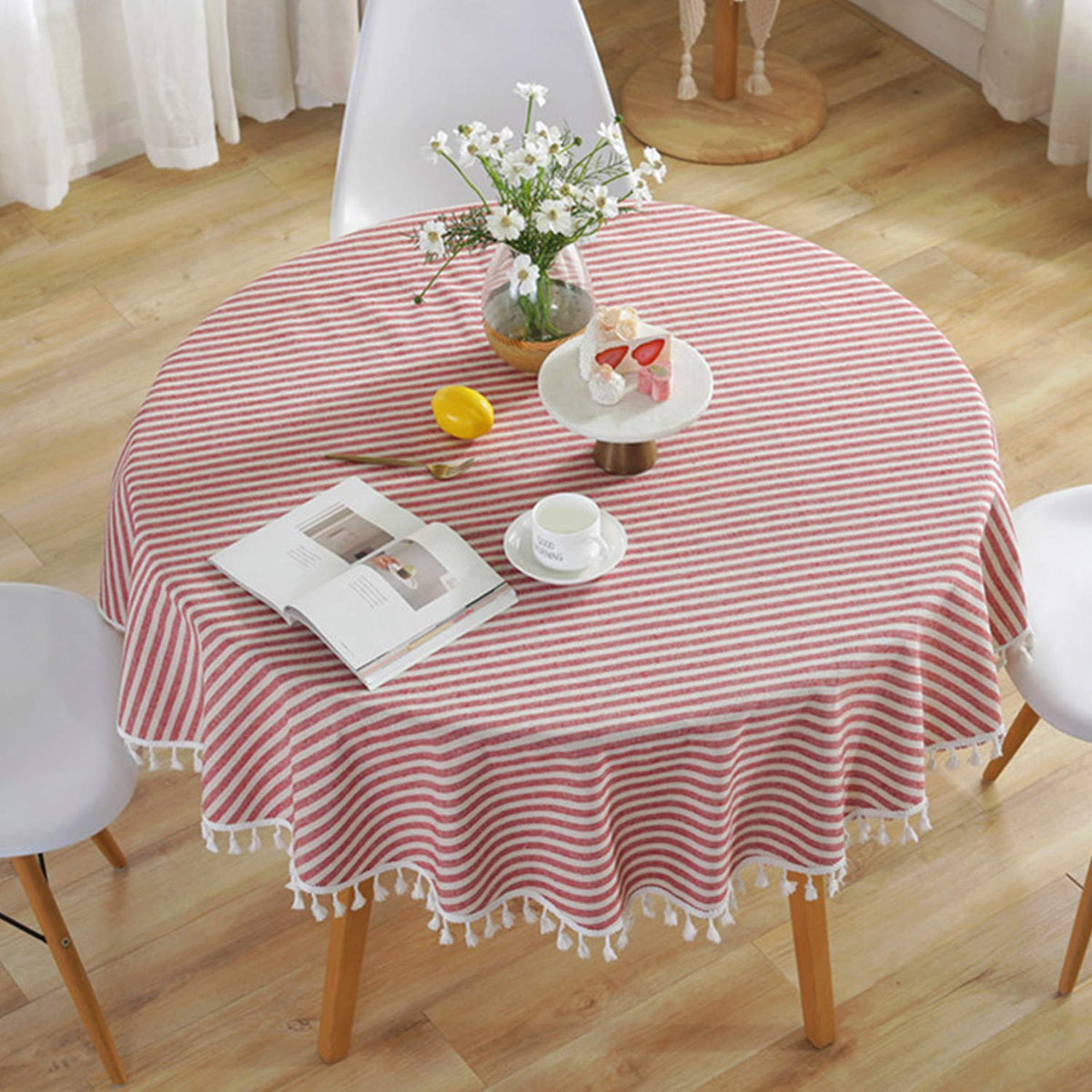meioro Table Cloth Blue White Striped Tablecloth with Tassels Cotton Linen Dust-Proof Table Cover for Dining Buffet Kitchen Picnic Tables, Parties Holiday Indoor Outdoor Tablecloths (39x55 Inch)